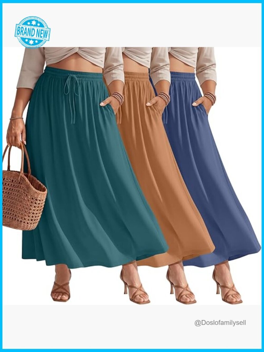 Plus Size Maxi Skirts 3 Pack High Waist A Line Flowy Skirts with Pockets Summer